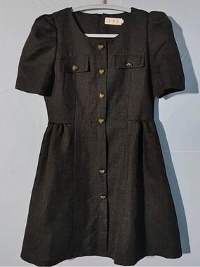 DDJ Black Short-Sleeve Button Front Fit-and-Flare Dress - Size Small